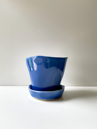 Small Cobalt Blue Ceramic Planter With Saucer - A Fun Mini Pot Or Succulent