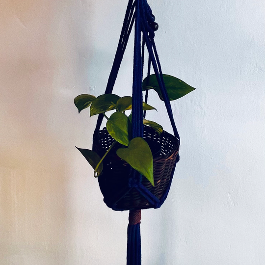 Navy Blue Spiral Macrame Hanger With Brown Basket
