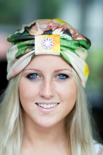 Turban Hat - Women's Organic Cotton Headwrap Lotus Flower Floral Print Hair Wrap For Meditation Or Yoga Wearable Art