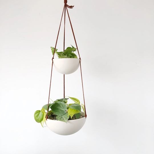 Two Tiered Hanging Planter, Fruit Basket, White Ceramic Double Layered Bowl Planter