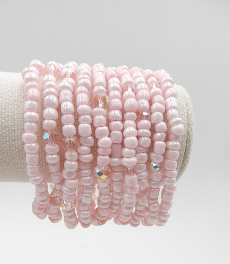 Pink Seed Bead Stretch Bracelet Stack, 10 Bracelets, Beads, Faceted Crystal 7 Inches