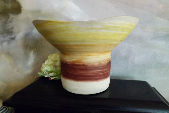 Vintage Haegar Planter Orange Yellow Striped Unglazed Mission Style Spittoon Vase_Organic Free Form Vase_Mcm Natural