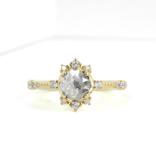 Cushion Cut Salt & Pepper Diamond Cluster Ring | Dainty Art Deco Dimond Bridal For Her - Free Shipping