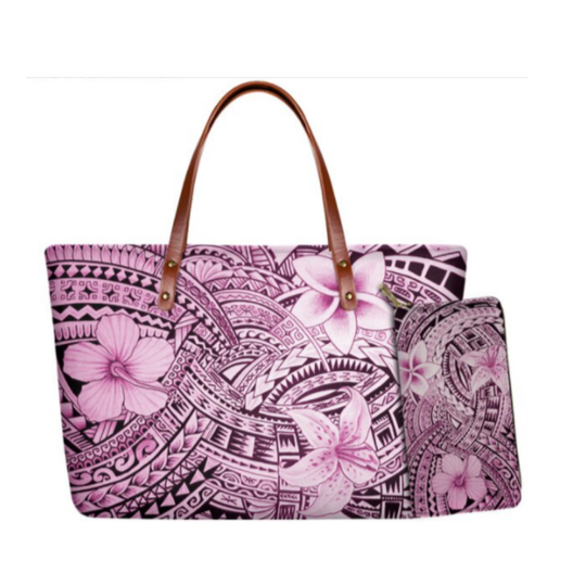 Polynesian Hibiscus Flower Printing Womens Handbag & Wallet 2Pcs Set