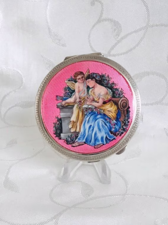Vintage Silver Plated Guilloche Enamel Lady & Cherub Powder Compact Circa 1930