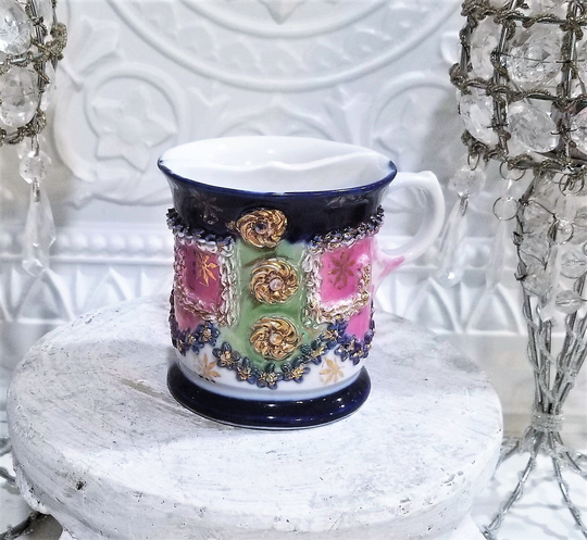 Vintage Cobalt Pink Luster Raised Flowers Strainer Tea Leaf Bag Mug Germany