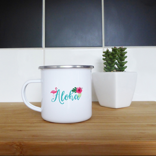 Aloha With Flamingo & Hibiscus, Enamel Tin Mug