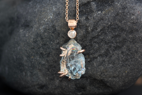 Rustic Organic Raw Rough Aquamarine & Diamond Necklace. Necklace