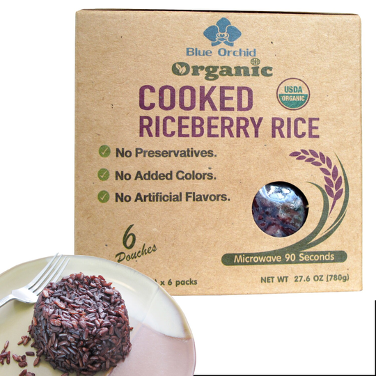 Organic Cooked Riceberry Thai Black Jasmine Rice Microwavable Ready To Eat - Pack 6 Bpa-Free Pouches