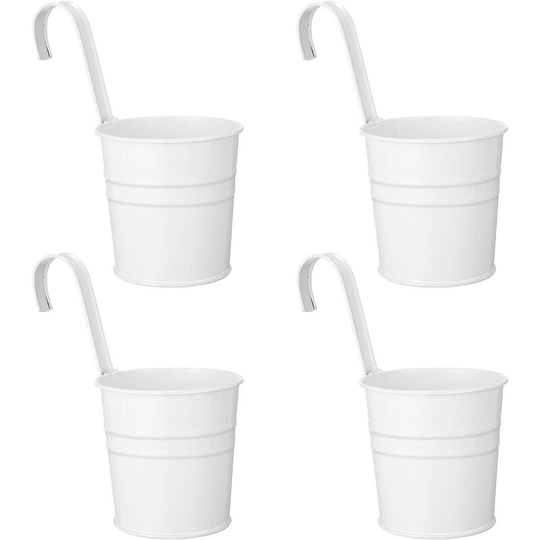 Set of 4 Shabby Style Hanging Flower Pots Metal Hanging Planter Pots with Hook Outdoor Balcony Garden White