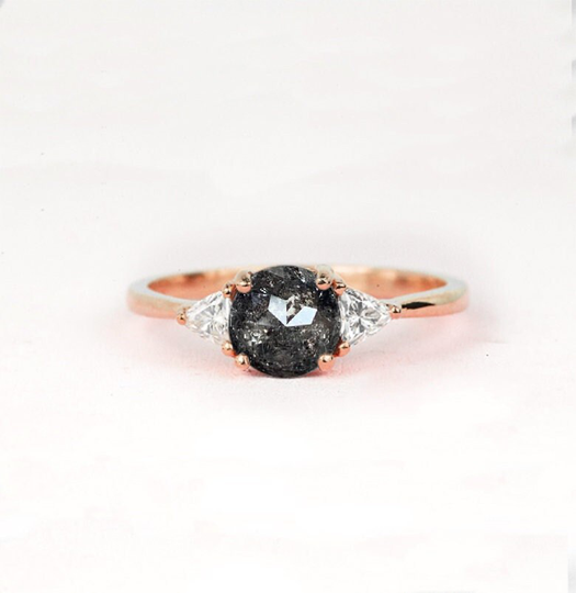 Round Salt & Pepper Diamond Trilliant Engagement Ring | Wedding Bridal Rose Gold Dainty For Her