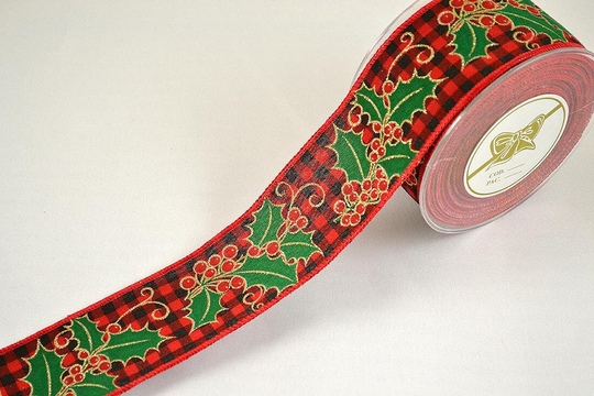 Mistletoe Green Leaves Printed Wired Christmas Ribbon, Checkered Black & Red Classic Seasonal Holiday Decoration Trim