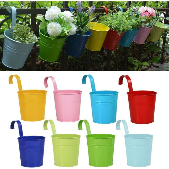 Bearsu - Flower Pots Hanging Flower Pots, Garden Pots Balcony Planters Metal Bucket Flower Holders - Detachable Hook (8 pcs) (Small)