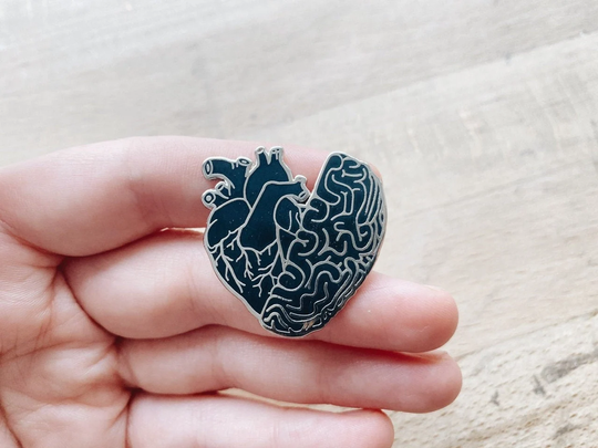Black Half Heart Brain Hard Enamel Pin Small Anatomical Human Organ, Dark Anatomy Art Valentines Day Gift