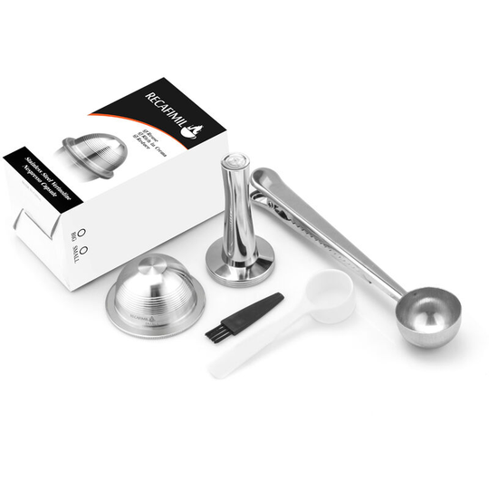 Lifcausal - Stainless Steel Capsule Reusable Capsule Pods Set with Powder Tamper & Spoon & Brush Replacement for nespresso Vertuoline GCA1 Delonghi