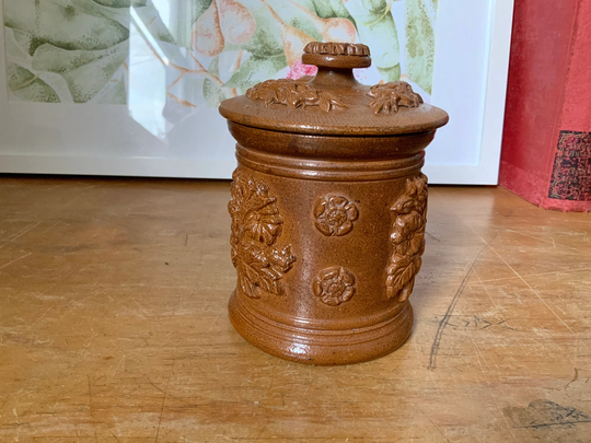 Vintage Small Salt Fired Brown Canister With Floral Decoration