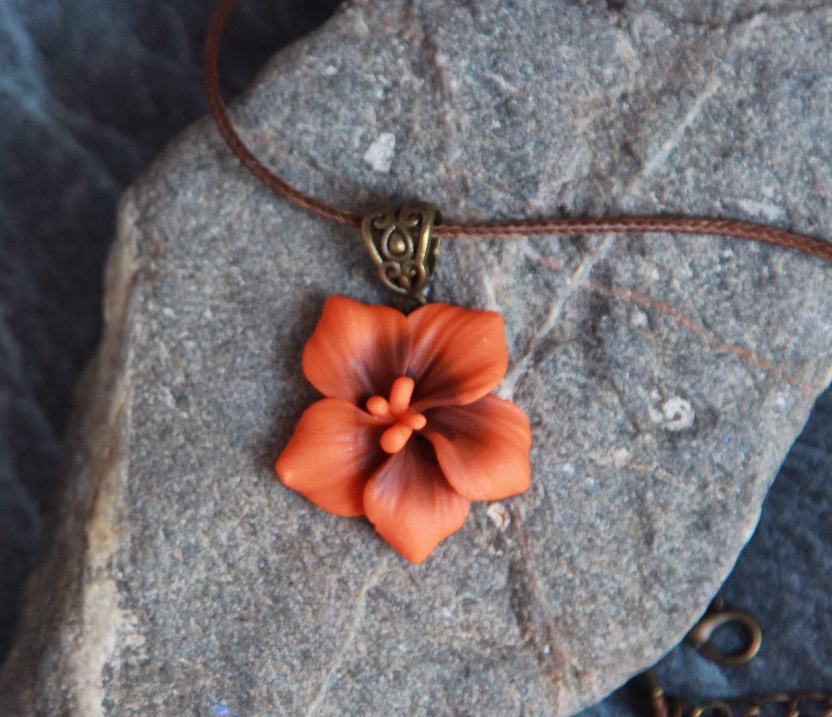Burnt Orange Statement Necklace, Hibiscus Necklace Pendant Cord , Polymer Clay Flower Jewelry Women