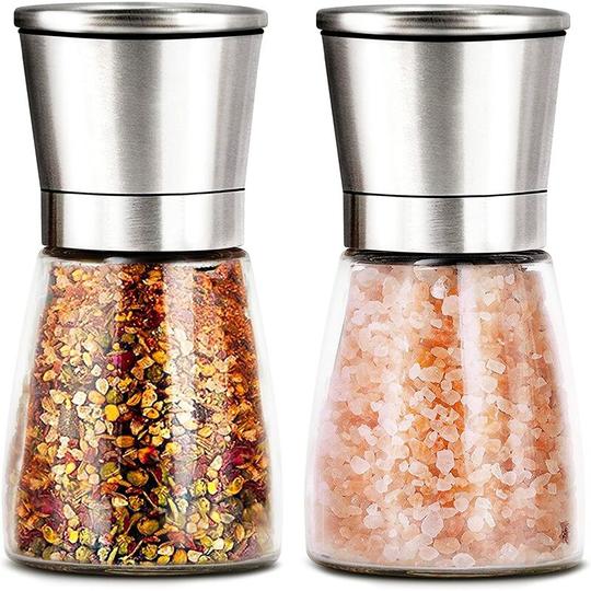 Salt & Pepper Mill Set - 2 easy-to-load stainless steel mills with adjustable coarseness, lids, and silicone