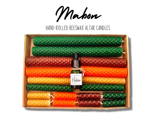 Mabon | Pack Of 18 Beeswax Altar Candles A4 Guide Wheel The Year Unscented Hand-Rolled Burn Time 35 To 160 Mins