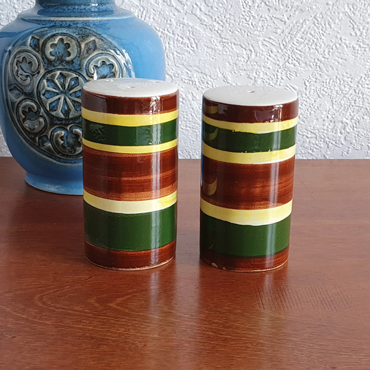 Vintage 1960S Salt & Pepper Set - Green, Brown Yellow Stripes Foreign Mid Century