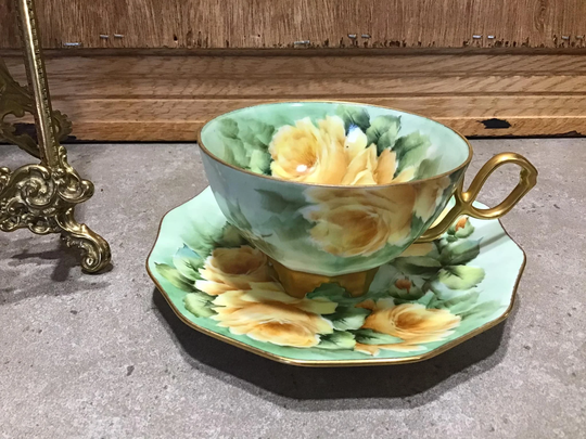 Vintage Exquisite Green & Yellow Cabinet Teacup Saucer Set With Flowers