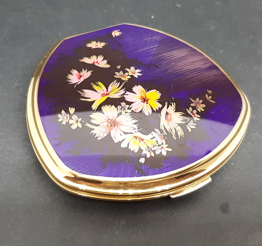 stratton Shell Convertible Powder Compact Midnight Blue Foil Flowers Orange & Pink