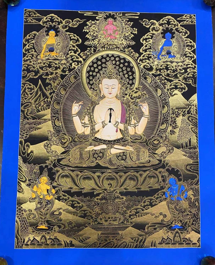 Genuine Handpainted Masterpiece Tibetan Chenrezig Buddha Thangka Thanka Fine Gold Painting Buddhism Meditation Yoga Kuan Yin