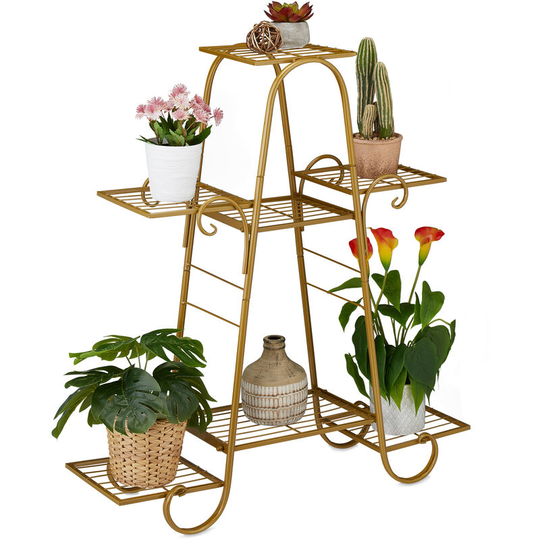 Relaxdays Plant Stand Metal, for 7 Potted Plants, Flower Rack Indoor, Vintage Design, HWD 83 x 75 x 24 cm, Tiered, Gold
