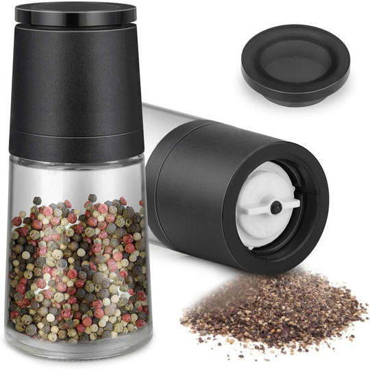 Salt and Pepper Mill, 2-Piece Manual Salt and Pepper Mill Set Adjustable Grind Size Brushed Stainless Steel and Glass Grinders, Black