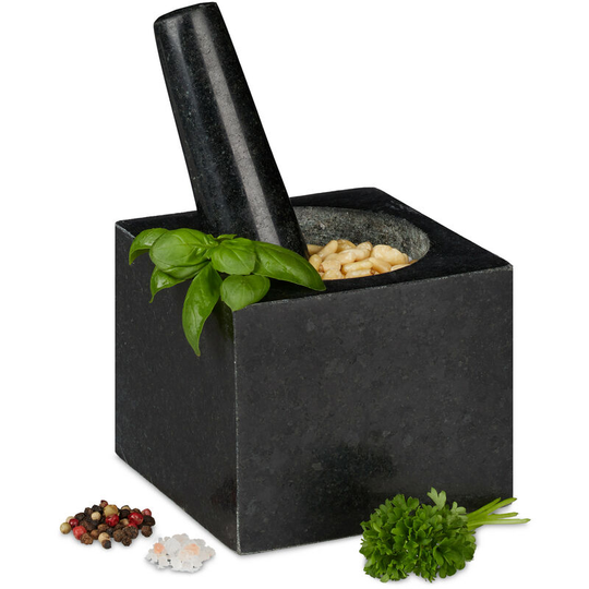 Mortar with Pestle, Spices, Herbs, Polished Stone Mortar, 9.5 x 11 x 11 cm, Vol. 250 ml, Granite, Grey - Relaxdays