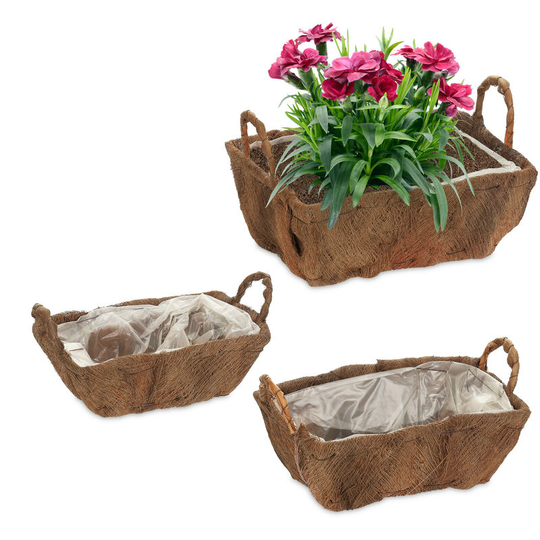 Relaxdays - Set of 3 Flowerpots with Handles, Coconut Fibre, 3 Sizes, for Balcony & Windowsill, Planter with Foil, Natural