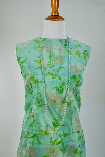 1960S 2 Pc Silk Hibiscus Dress With Long Wrap Skirt Size Large