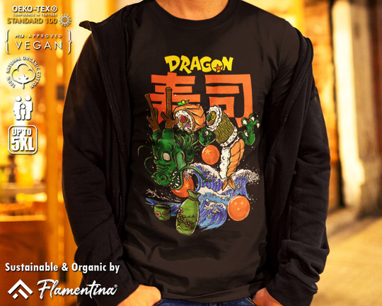 Dragon Sushi Organic Cotton T-Shirt Asian Japanese Food Mythology Creature Funny Sake P667 | Mens, Womens & Kids Sizes