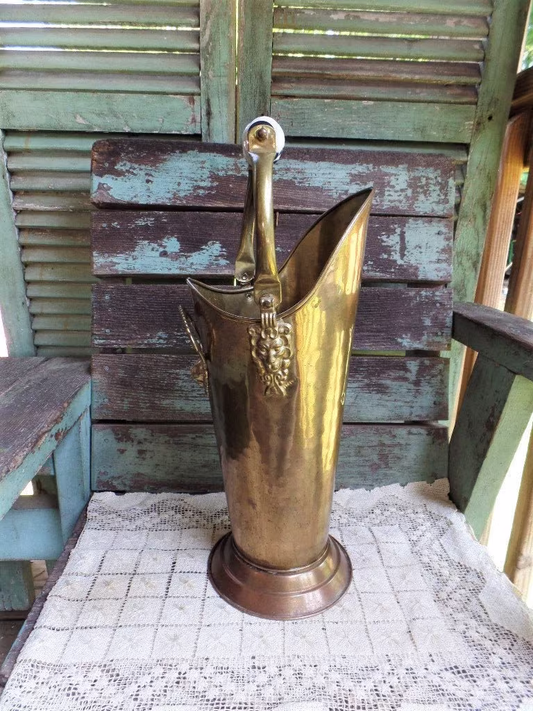 Vintage Hammered Brass Bucket With Porcelain Handle Scuttle Lion Heads
