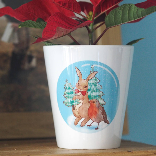 Personalised Bunny And Robin Christmas Flower Pot
