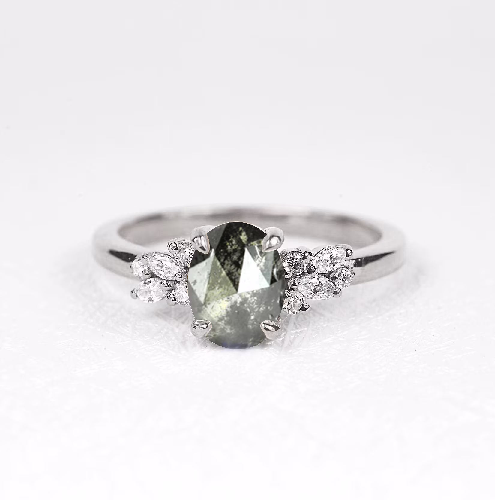 Salt & Pepper Diamond Art Deco Ring | Oval Cut Grey Cluster Wedding Bridal Dainty 9K/14K/18K White Gold For Her