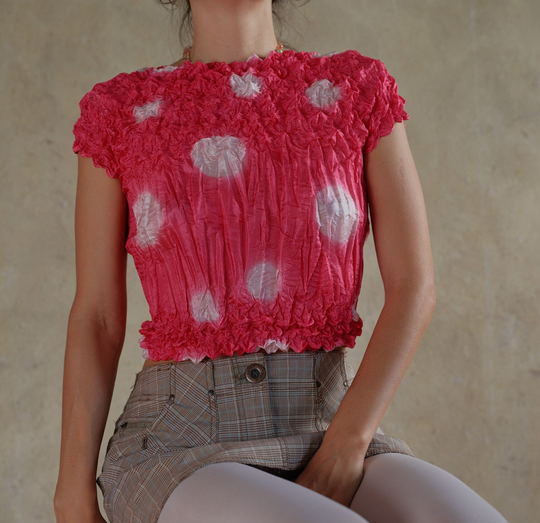 Y2K Tie Dyed Pink White Popcorn Crinkle Top Xs