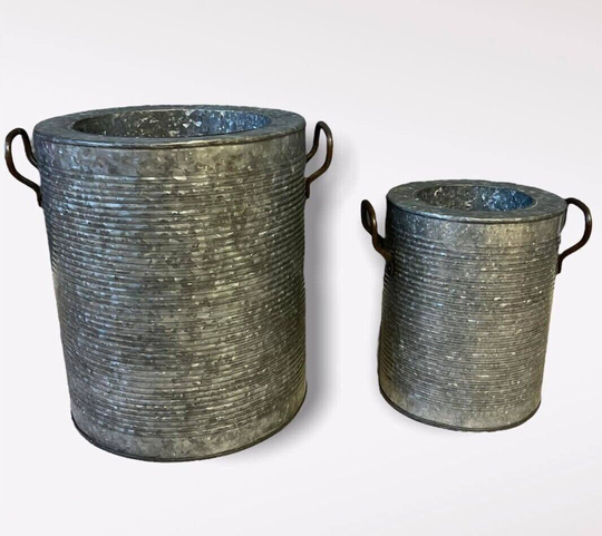 Galvanised Bucket Planter Ribbed Set 2 | Metal Steel Garden Flower Pot Trough
