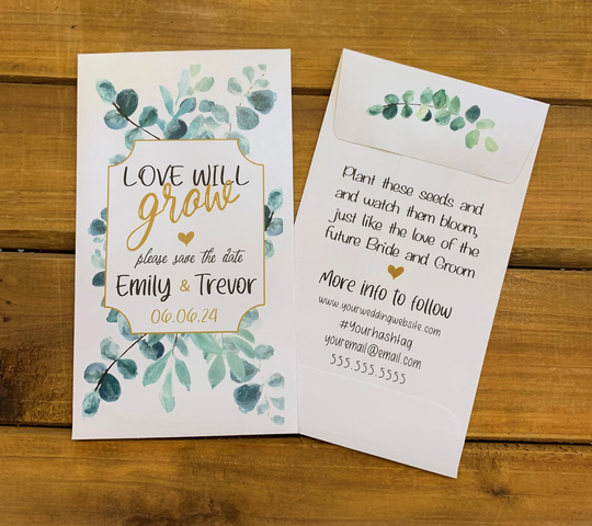 Eucalyptus Save The Date, Love Will Grow Seed Packet Favors, Save Date Any Color With Or Without Seeds | Set Of 15, Sp20080