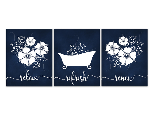 Relax Refresh Renew Clawfoot Tub Art, Blue & White Bathroom Decor, Hibiscus Bathroom, Wall Art - Bath474