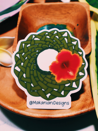 Hawaiian Hibiscus Niu Papale/ Coconut Hat/ Woven Headwear/ Pacific Islander Fashion Statement/ Palm Tree Leaf Red Flower Pua Sticker