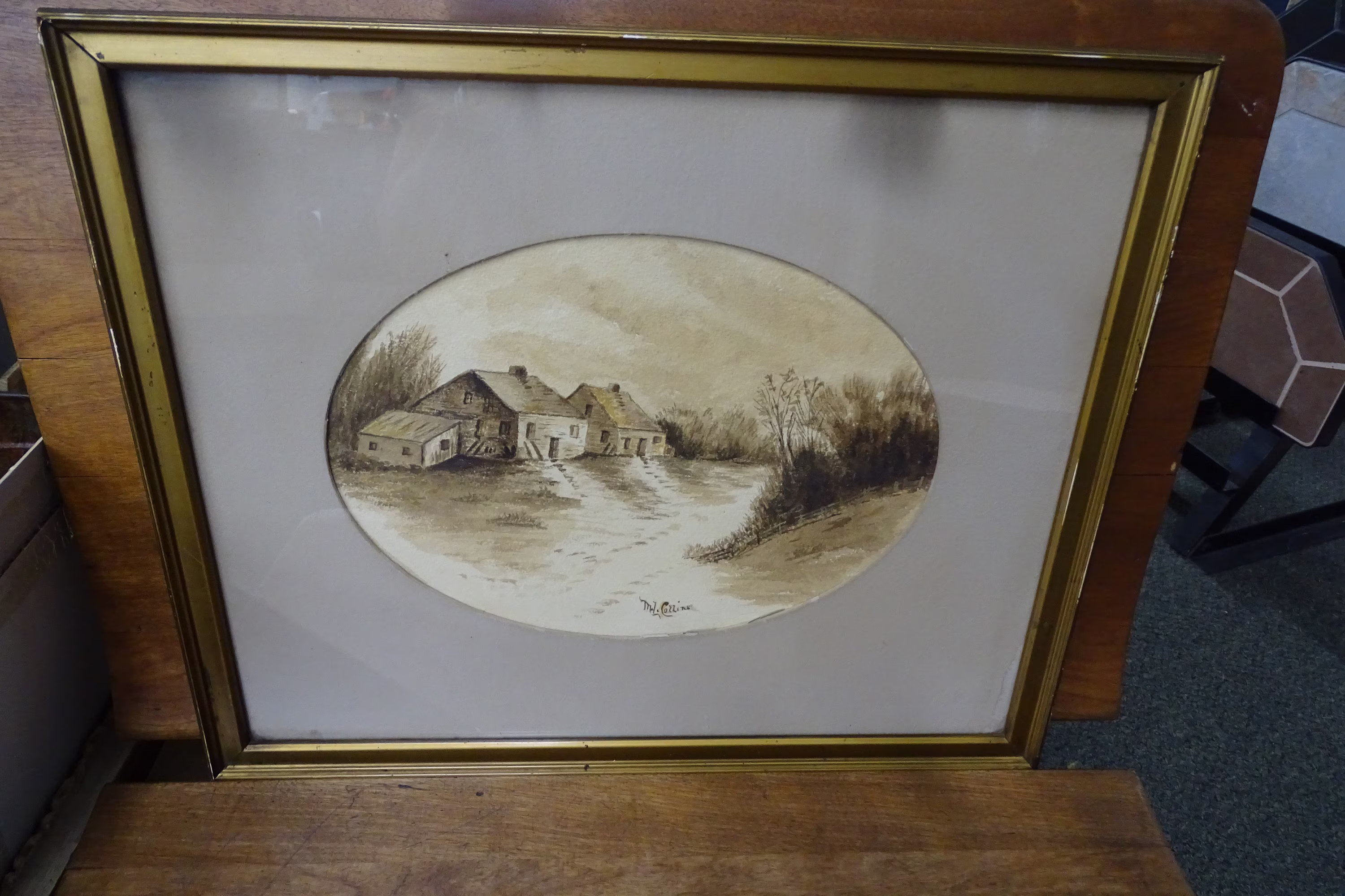 Quaint Salt Box Houses Sepia Toned Watercolor, Vintage 1930S Framed Cottage Themed Signed Watercolor