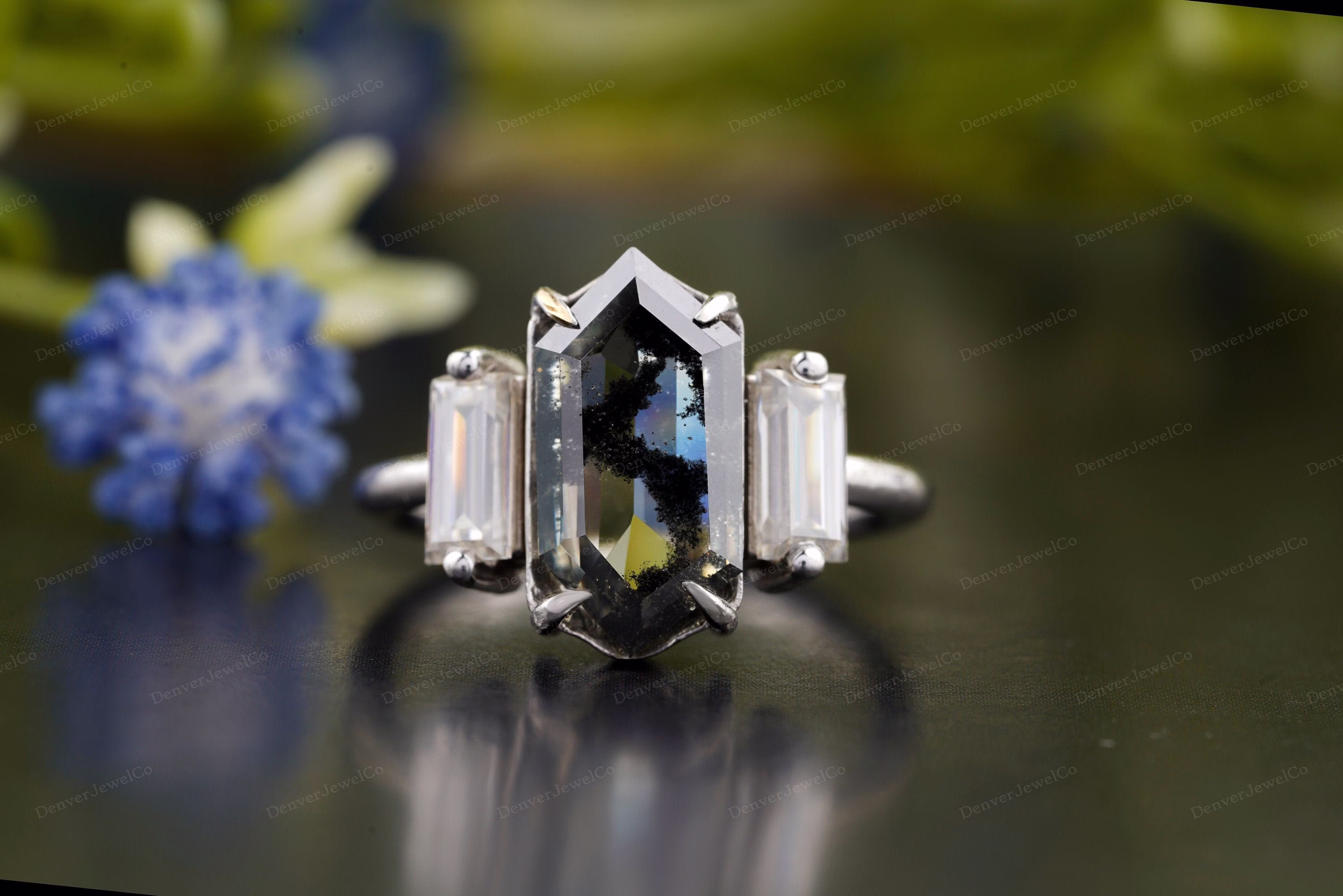 Unique Hexagon Salt & Pepper Diamond Ring , Antique Three Stone Engagement Ring, Baguette Sides Alternative Bride Gift For Her