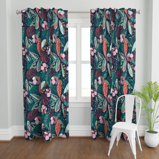 Hibiscus Flora Curtain Panel - Moody Tropical Night By Selmacardoso Leaves Foliage Summer Custom Spoonflower