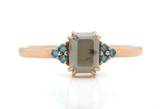 Salt & Pepper Ring, Emerald Cut Diamond Engagement 14K Rose Gold Wedding Gift For Her