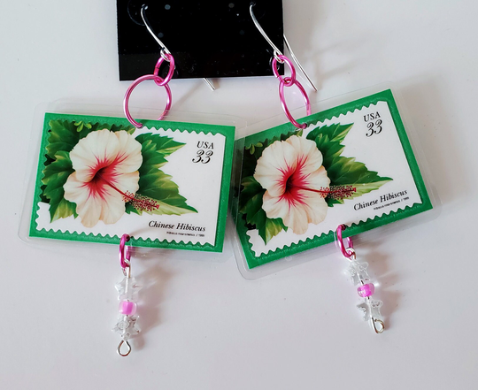 Chinese Hibiscus Tropical Floral Earrings, Lightweight Unique, Fun Vintage Up-Cycled Tropical Flower Stamp Earrings