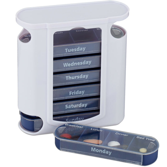 Set of 1 Relaxdays 7-Day Pill Tower, Weekly Medicine Boxes, 4 Compartments, Sliding Lids, White/Blue
