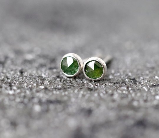 Green Diamond Stud Earrings, April Birthstone, Genuine Salt & Pepper Minimalist 3mm Studs, Silver Or Gold