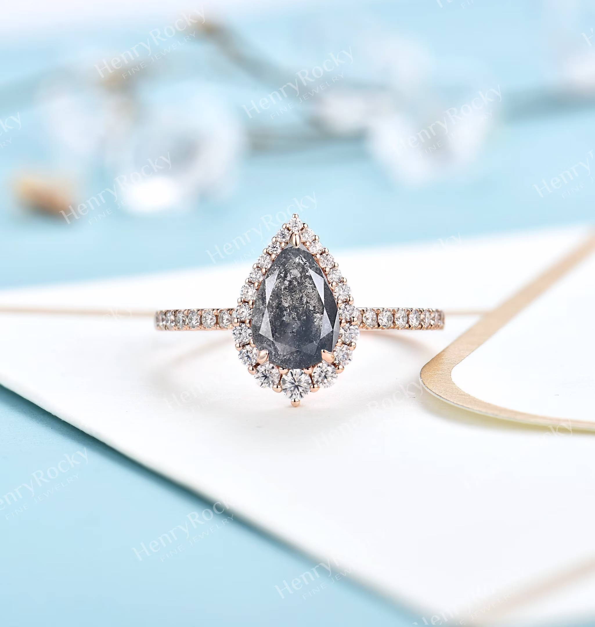 Salt & Pepper Diamond Engagement Ring Vintage Half Eternity Rose Gold Ring Antique Pear Shaped Wedding Anniversary Promise