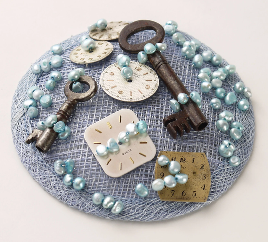 steampunk Blue Fascinator, Ooak Powder Blue, Vintage Keys & Watch Faces Freshwater Pearls Sinamay Headpiece